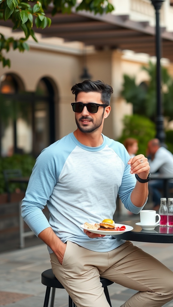 A man wearing a light blue raglan 3/4 sleeve t-shirt, sitting at a café table with food and drinks.