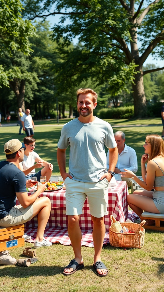 A man wearing casual white shorts and a light t-shirt, standing confidently outdoors with friends in a park.