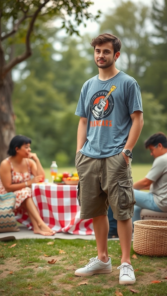 A young man wearing a graphic tee and cargo shorts, standing in a park with friends in the background.