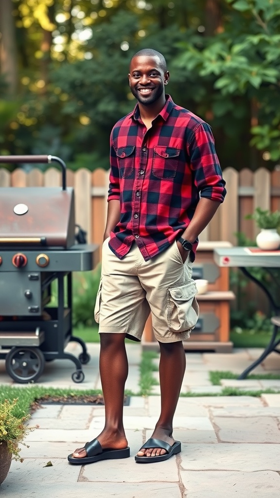 A man wearing a maroon and black checkered flannel shirt, olive green cargo shorts, and flip-flops, standing outdoors in a relaxed setting.