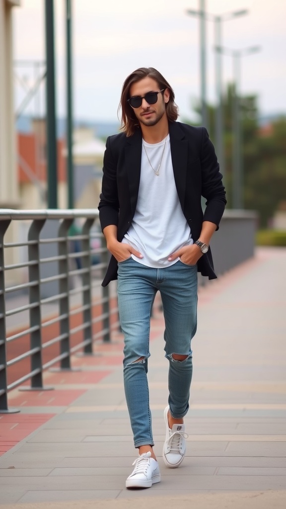 A man wearing a blazer over a white t-shirt and jeans, paired with casual sneakers, standing outdoors.