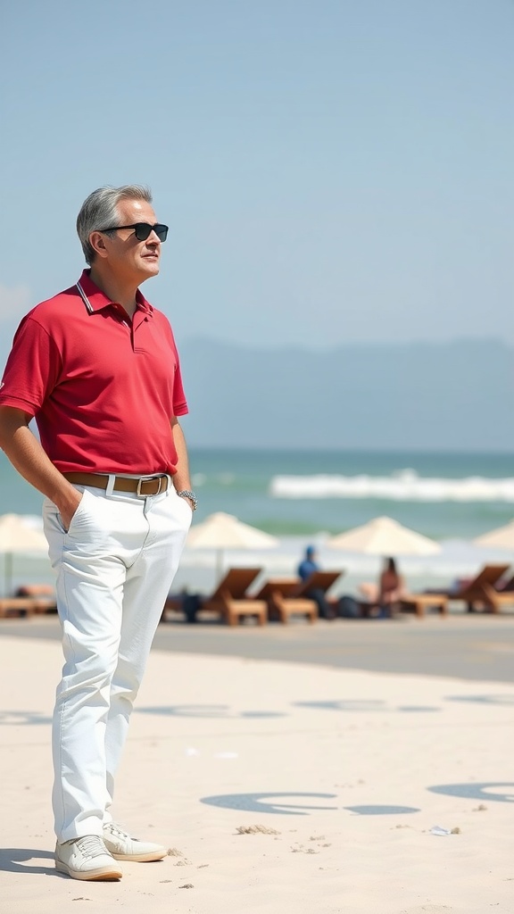 A man wearing white chinos and a red polo shirt, standing on a beach with sunglasses.