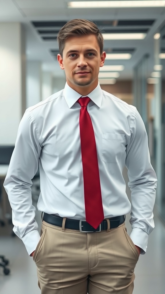 A man wearing a white dress shirt and a red tie with a professional demeanor.