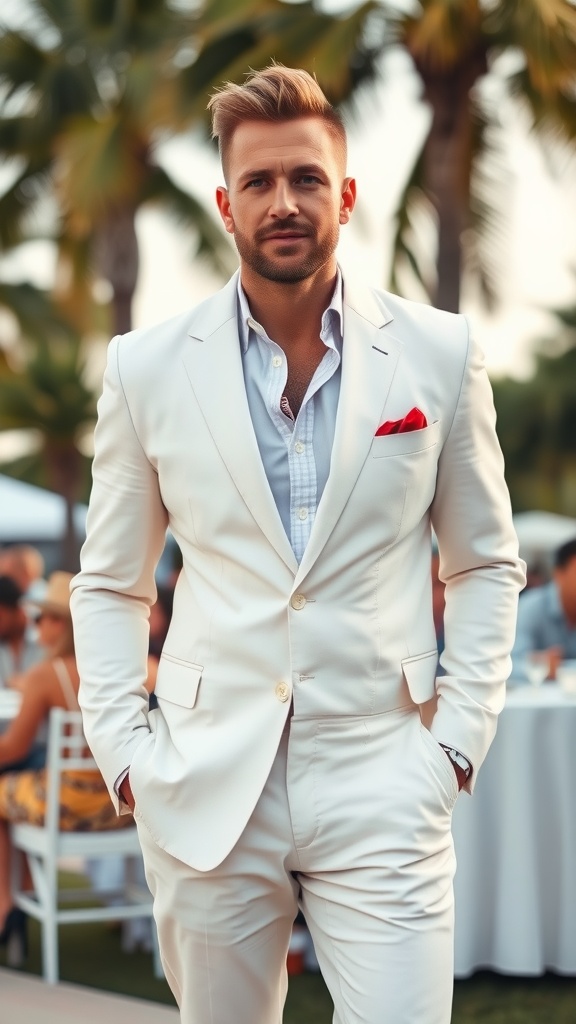 A man in a white linen suit with sunglasses, standing outdoors