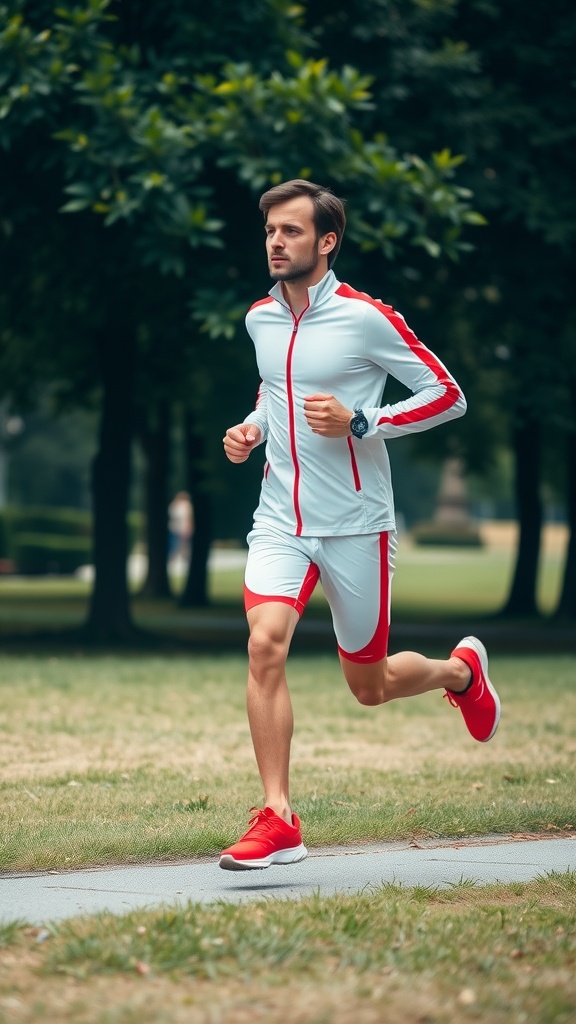 A man running in a white tracksuit on a tree-lined path.