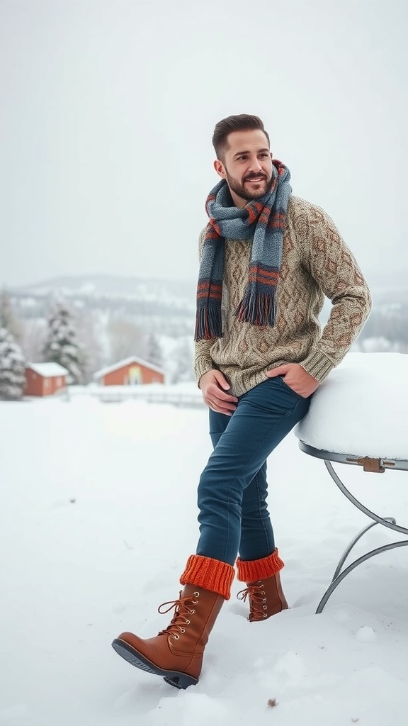 A person wearing a cozy winter outfit with a sweater, scarf, jeans, and boots, standing in a snowy environment.