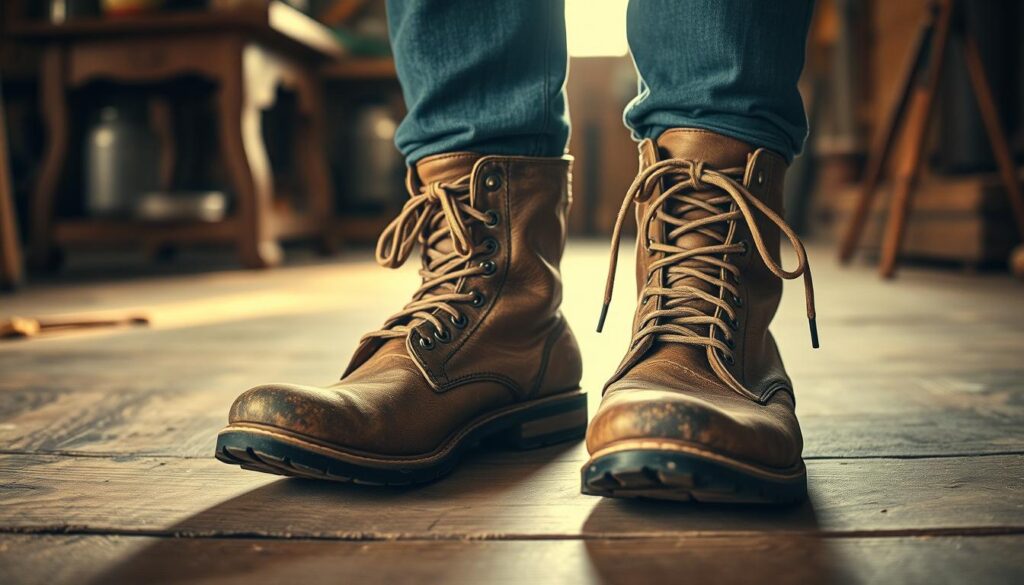 A pair of rugged, well-worn leather boots stands firmly on a weathered wooden floor. The boots are scuffed and trail traces of dirt, reflecting a life of hard work and outdoor adventure. The laces are sturdy and frayed, hinting at the boots' long history of faithful service. Warm, natural lighting filters through a nearby window, casting a soft glow on the boots and the surrounding rustic setting. In the background, the faint outline of a vintage workbench and tools can be seen, adding to the sense of a lived-in, functional space. This image evokes the essence of traditional, farm-inspired footwear that has been shaped by the demands of a life dedicated to the land.