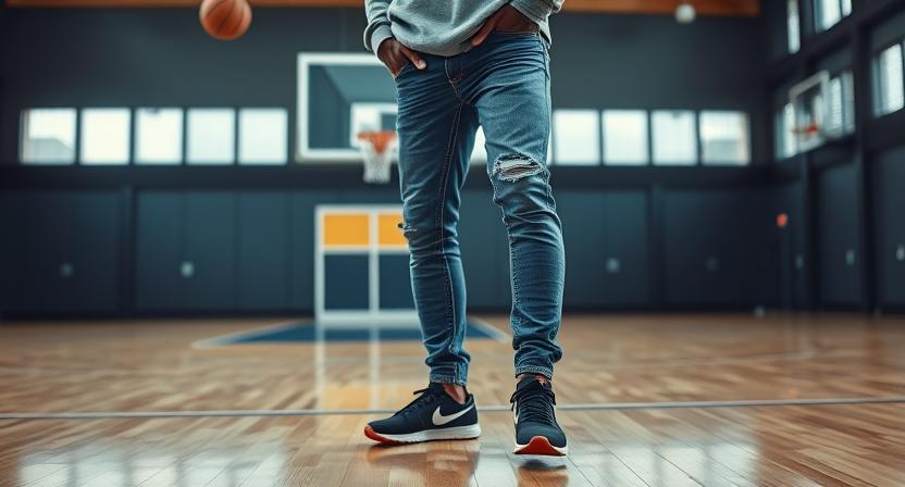 a black 'man in blue jeans paired with a sporty hoodie and running shoes in a basketball gym