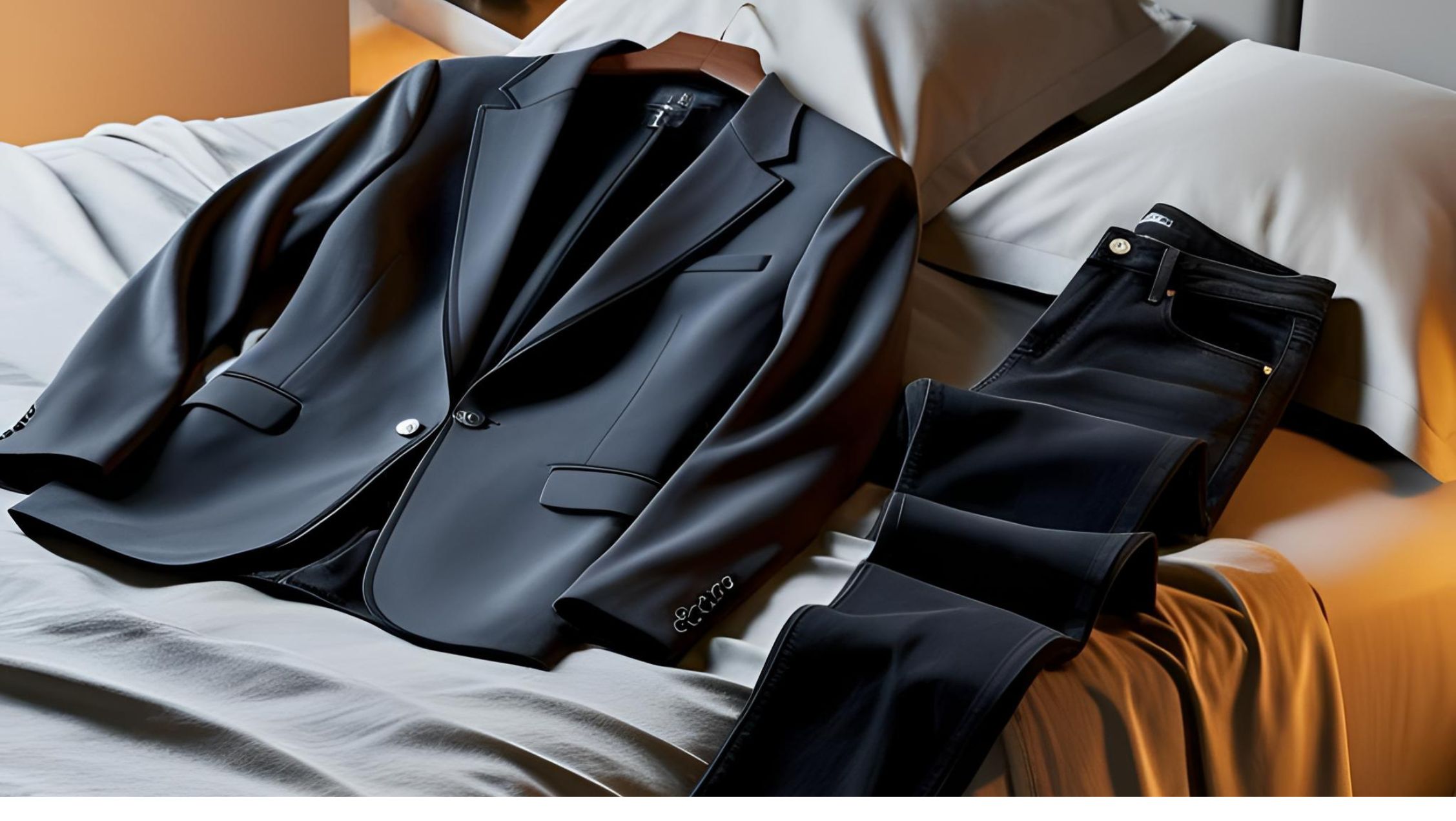 a smart casual outfit featuring a tailored blazer paired with dark jeans, laid out on a contemporary styled bed