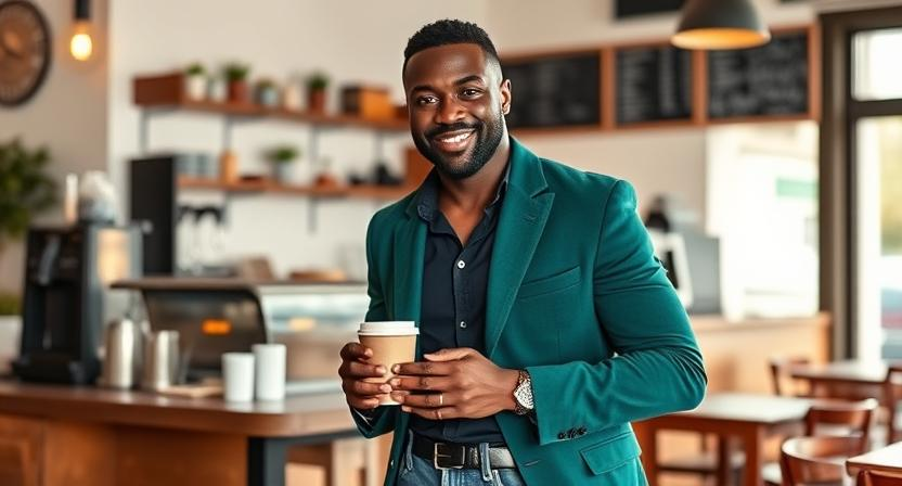 A man wearing an emerald green blazer and jeans at a coffee shop