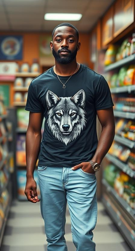 a black man wearing Light Blue Jeans and a Graphic Tee with a wolve on it at a bodega