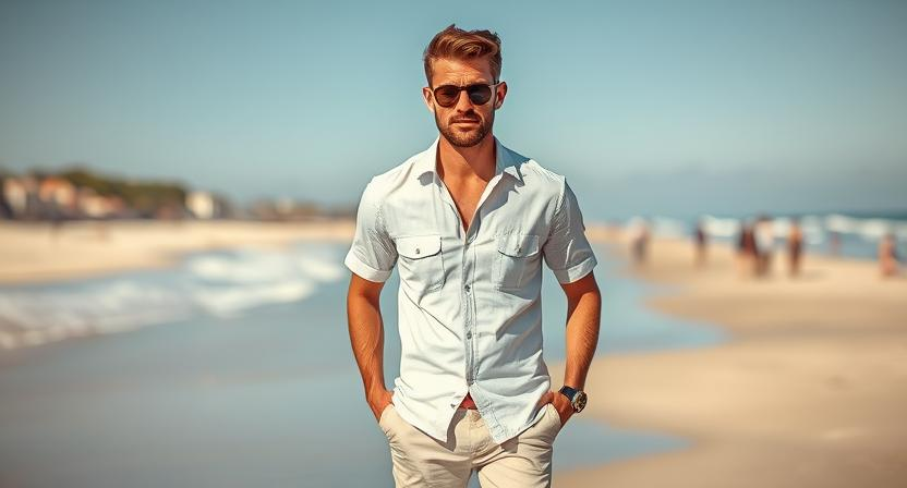 a trendy man sporting a short-sleeve button-up shirt with linen shorts, enjoying a sunny day at the beach