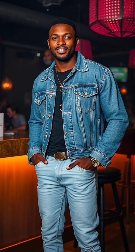 a black man wearing Light Blue Jeans with a Denim Jacket at a night club