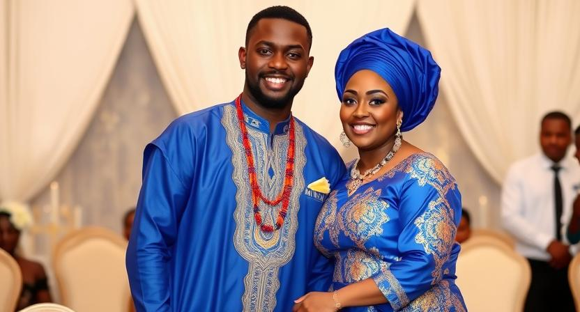 a man wearing a royal blue and gold Dashiki Sets at a wedding with his curvy date