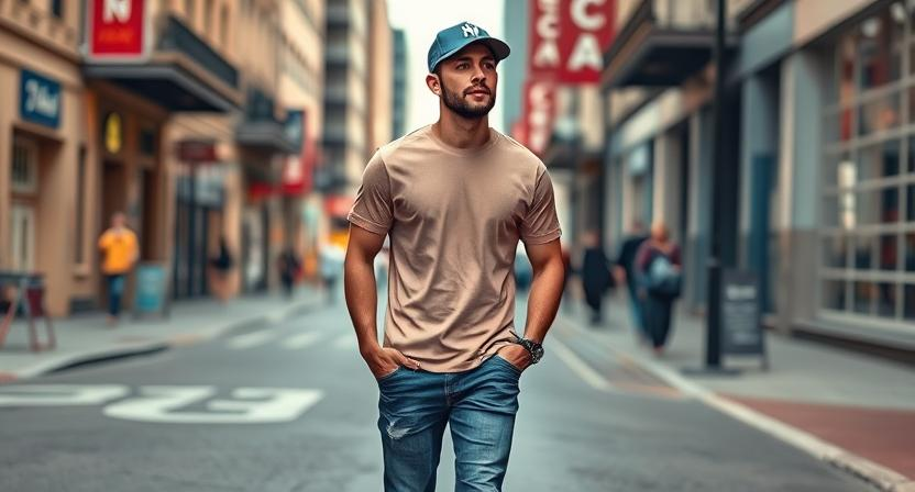 a man wearing a basic tee paired with stylish sneakers, jeans, and a baseball cap, walking down a vibrant city street