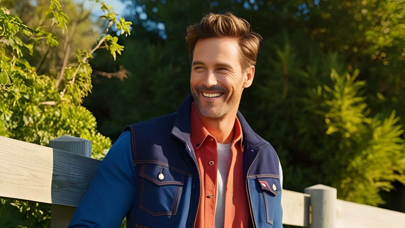 a man dressed in layered outfits featuring jeans, jackets, and shirts in a casual outdoor setting