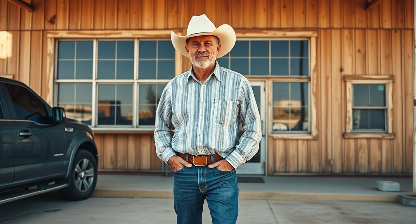 Full outdoor shot of a man standing in front of a weathered, light brownish-tan building, likely a gas station or similar structure.  The man is middle-aged or older, wearing a light beige cowboy hat, a long-sleeved, button-down shirt with vertical light gray and white stripes, and blue jeans. He is positioned slightly angled towards the camera, and his hands are resting in his front jean pockets. The light seems to be coming from behind and slightly above him, casting a warm glow on his face and the building.  The building has large windows with metal frames, and its facade appears to be made of wood or wood-like material. The building's color ranges from light tan to a slight brownish-orange. Parts of the building show substantial weathering or age marks.  A dark-colored pickup truck is partially visible in the foreground, parked in the parking area.  The ground is a light grayish-tan pavement.  Sunlight streams through the structure, creating highlights that amplify the warmth of the scene. The overall impression is of a rural or small-town setting, likely during the late afternoon or early evening.
