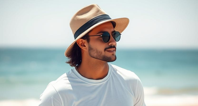 a trendy bucket hat on a man dressed in a white basic tee and white jeans, enjoying a sunny day at the beach