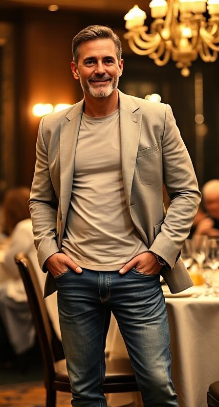 a man wearing jeans with a basic tee and blazer at a dinner