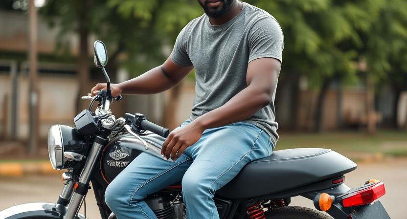 a black man wearing Light Blue Jeans with a basic tshirt sitting on a motorcycle