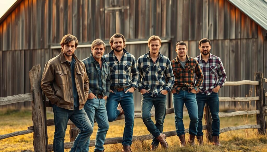 A rugged, well-worn barn in the distance, its weathered wood panels bathed in warm, golden light. In the foreground, a group of male models sport rustic, artisanal clothing - a sturdy leather jacket with distressed details, a thick wool flannel shirt in a muted plaid, worn raw denim jeans, and heavy-duty work boots. Their expressions are relaxed, conveying a sense of authenticity and connection to the land. The models are posed casually, some leaning against an old wooden fence, others standing with their hands in their pockets. The overall atmosphere evokes a sense of timeless, authentic farm-inspired fashion.