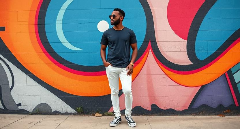 a black man wearing shades white jeans, a bue basic tee and blue canvas shoes by a mural
