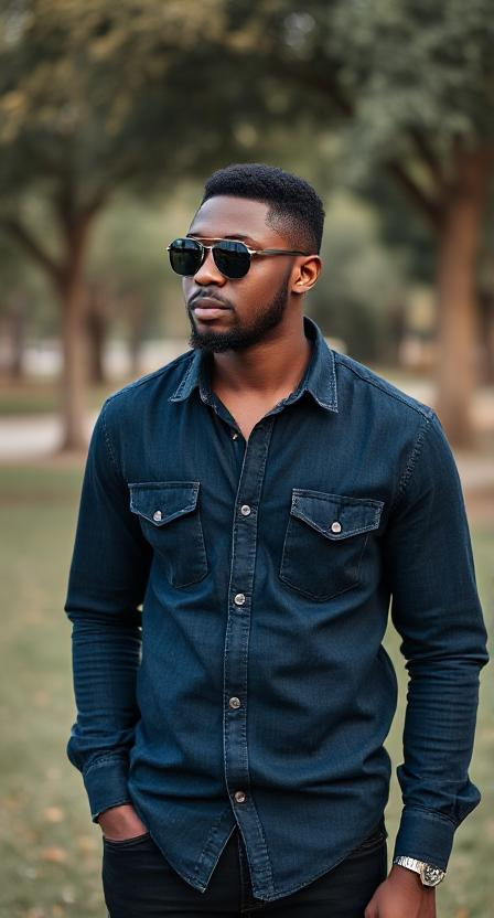 a black man wearing aviator shades, black jeans with a dark blue denim button up at a park