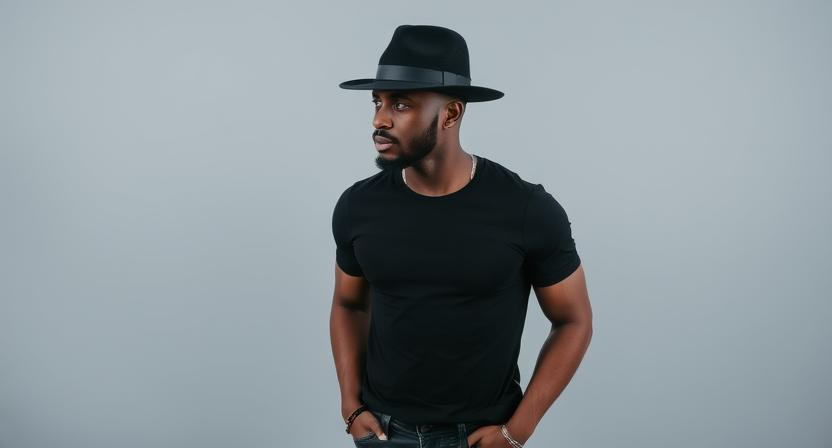 a black man wearing a sleek black fedora hat, a black basic tee and black jeans