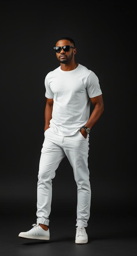 as black man wearing shades white jeans, a white basic tee and white canvas shoes