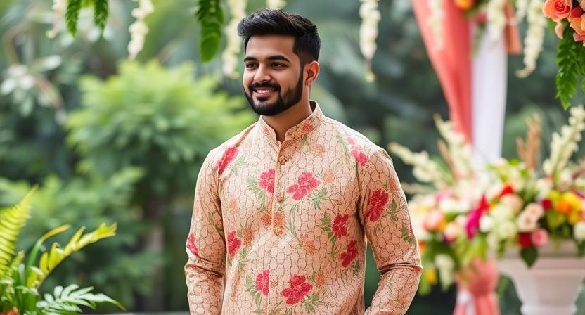a man wearing a floral patterned kurta styled for an outdoor wedding, surrounded by lush greenery and floral arrangements