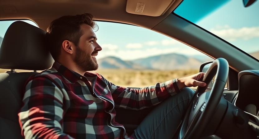 a man in a laid-back weekend road trip outfit, wearing a flannel shirt and jeans, sitting in a car with scenic landscapes in the background