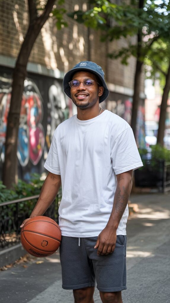A candid portrait photograph capturing a young Black man radiating confidence in a crisp white crewneck tee, charcoal grey sweat shorts, and a navy blue bucket hat with aviator sunglasses. His short, neatly trimmed hair frames a face marked by a subtle, warm smile and kind eyes directly engaging the camera, suggesting a quiet self-assuredness. Behind him, a softly blurred urban backdrop reveals a weathered brick wall adorned with colorful street art, bathed in dappled sunlight filtering through the leaves of nearby trees. A well-worn basketball rests casually on the ground near his feet, adding a touch of youthful energy and hinting at his interests within the relaxed, authentic atmosphere.