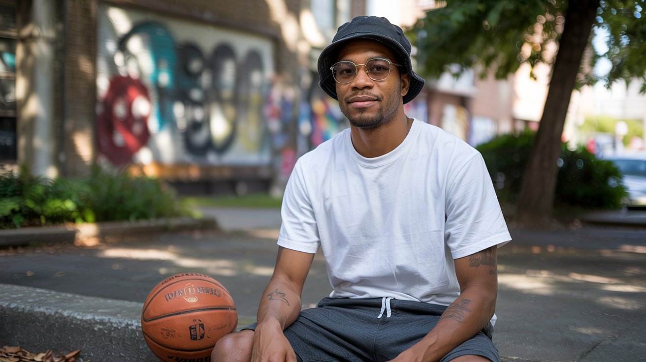 A candid portrait photograph capturing a young Black man radiating confidence in a crisp white crewneck tee, charcoal grey sweat shorts, and a navy blue bucket hat with aviator sunglasses. His short, neatly trimmed hair frames a face marked by a subtle, warm smile and kind eyes directly engaging the camera, suggesting a quiet self-assuredness. Behind him, a softly blurred urban backdrop reveals a weathered brick wall adorned with colorful street art, bathed in dappled sunlight filtering through the leaves of nearby trees. A well-worn basketball rests casually on the ground near his feet, adding a touch of youthful energy and hinting at his interests within the relaxed, authentic atmosphere.