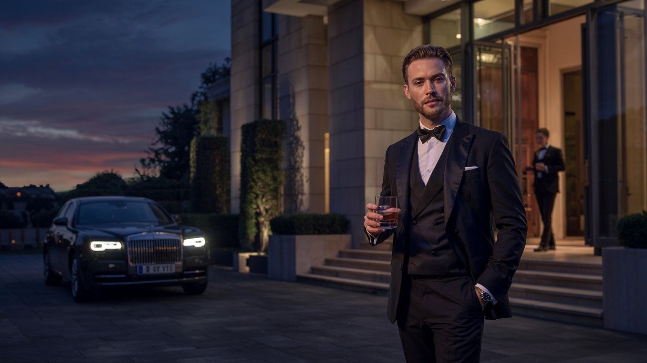 A stylish man in his late 20s to early 30s stands on the grand entrance steps of a luxury modern mansion at dusk, dressed in a sharp slim-fit 3-piece tuxedo