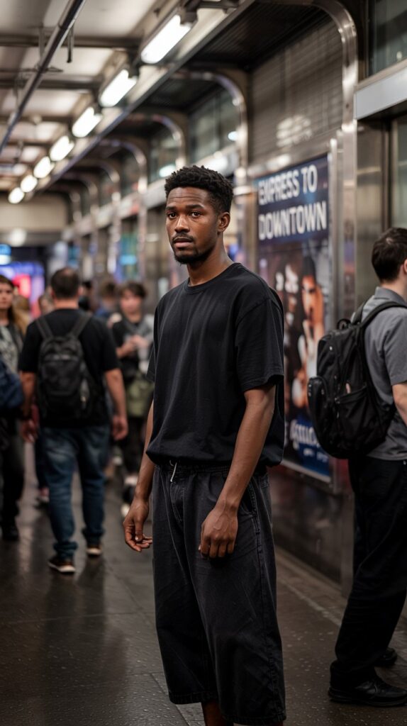 A cinematic portrait photograph captures a young Black man standing thoughtfully in a bustling subway station. 
