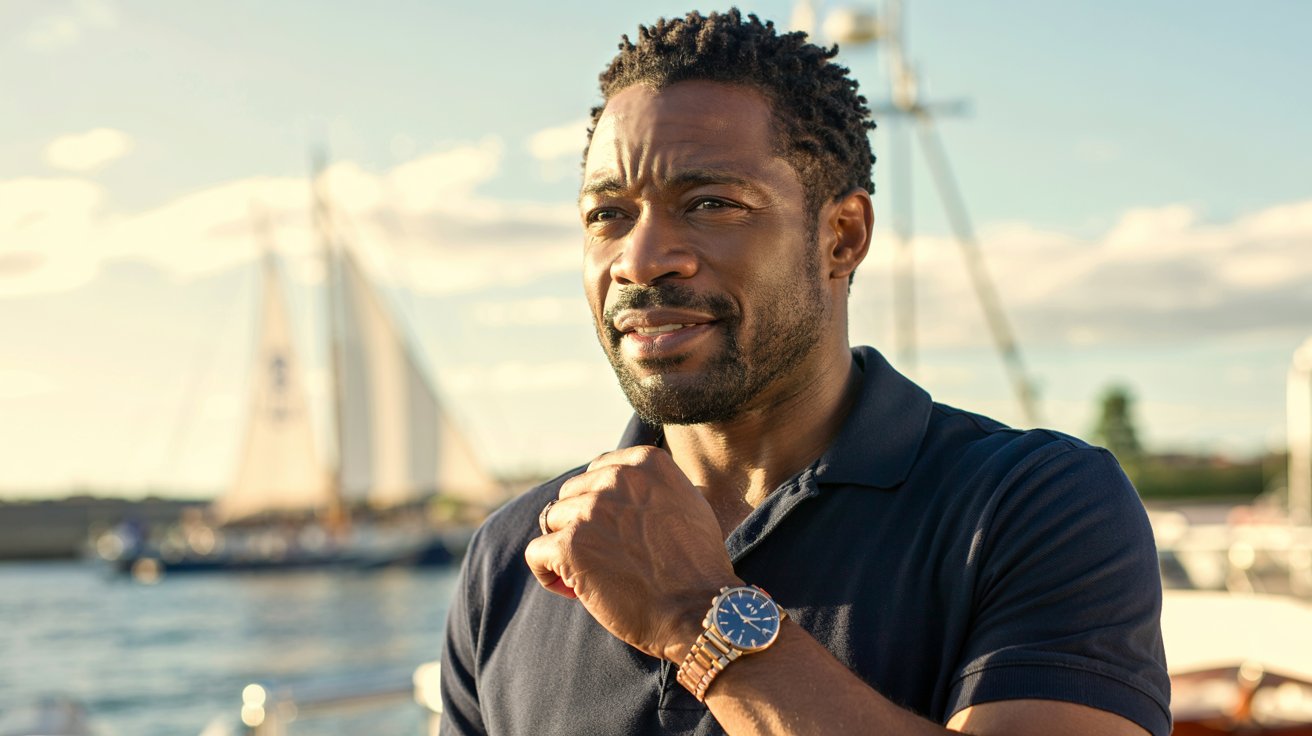 A cinematic portrait photograph of a distinguished Black man, sharply dressed in a crisp navy polo shirt and impeccably polished brown boat shoes. He stands confidently against a subtly blurred backdrop of a classic yacht club, his gaze direct and assured, showcasing a warm, genuine smile. Soft, diffused sunlight gently illuminates his face, highlighting the subtle texture of his skin and the confident set of his jaw. The composition is balanced and timeless, evoking a sense of refined leisure and understated elegance.