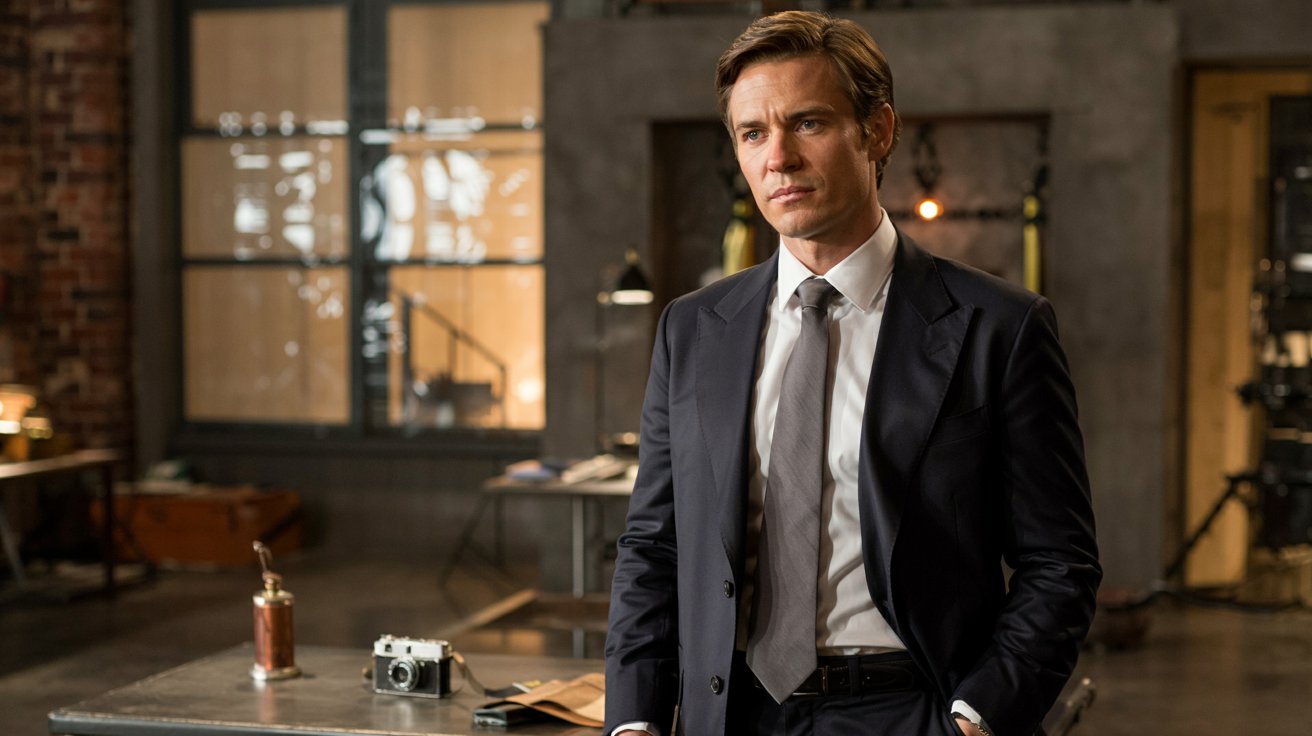 A sophisticated man in his 30s stands confidently in a high-end boutique or urban rooftop setting, wearing a perfectly tailored navy suit. The suit jacket drapes flawlessly over his shoulders, paired with a crisp white dress shirt and a slim silk tie in a muted tone. His polished leather oxfords and a subtle silver watch complete the refined look. The background is softly blurred with warm lighting, emphasizing texture and craftsmanship. His posture exudes authority and elegance, making this the epitome of timeless menswear