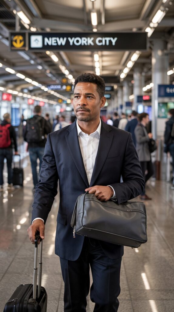 A cinematic portrait photograph captures a distinguished Black man in his late 30s, smartly dressed in a tailored navy suit and crisp white shirt, confidently navigating a modern airport terminal. He carries a sleek, charcoal gray carry-on bag with a silver handle, his gaze fixed forward with an air of purpose as he strides towards a departure gate displaying “"New York City"” on the digital sign. Soft, diffused lighting from the terminal's overhead fixtures illuminates his face, highlighting his thoughtful expression and subtly reflecting off the polished marble floor, while blurred figures of other travelers create a sense of motion and anticipation. The scene evokes a feeling of professional efficiency and understated elegance, capturing a moment of transit before an important business meeting.