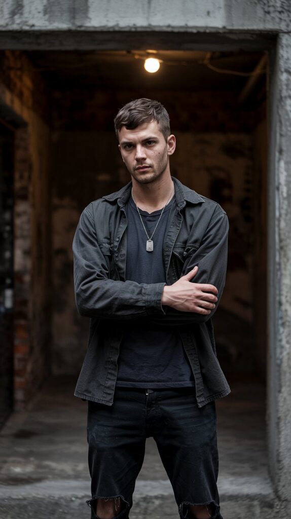 A brooding guy with an undercut stands in a dimly lit basement, arms crossed. He wears a black thermal under a dark green flannel, layered over black cargo pants tucked into scuffed leather boots. A dog-tag necklace and thick silver ring add a rugged touch. The background has exposed brick and a flickering bulb for a moody atmosphere."