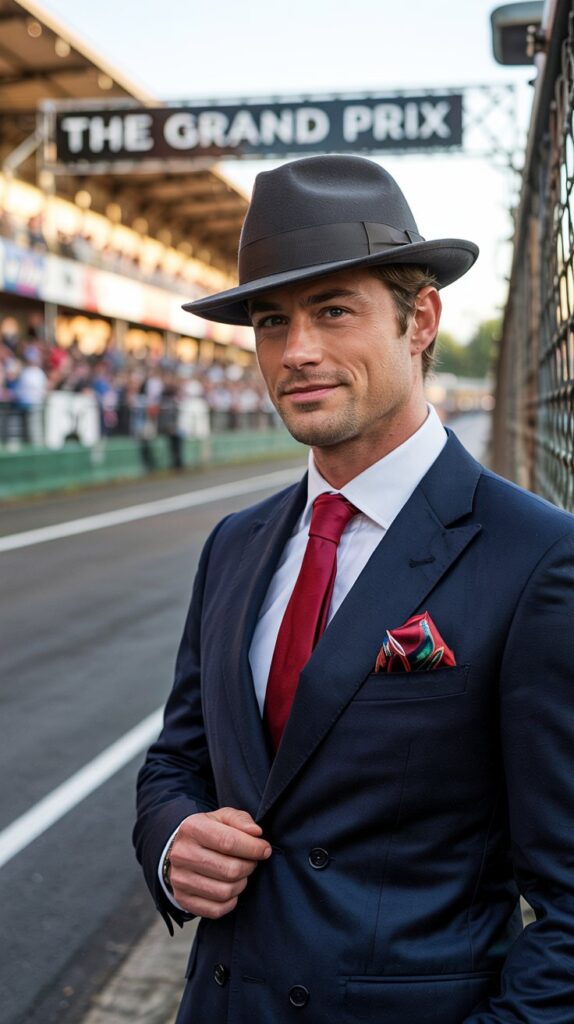 A cinematic portrait photograph of a confident man in a sharp navy blue suit, crisp white shirt, and a vibrant red tie accented by a striking floral pocket square, posing near a vintage racetrack. He wears a classic fedora casting a shadow across his forehead, complemented by polished brown leather shoes, with a subtle smile playing on his lips as he glances towards the blurred track in the distance. The scene is bathed in warm golden hour lighting, highlighting the rich textures of his suit and creating a sophisticated ambiance, with a grandstand filled with blurred spectators visible in the background. A vintage sign reading “'The Grand Prix'” is partially visible above the track, enhancing the classic, charismatic feel of the image.