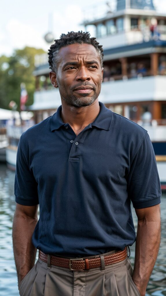 A cinematic portrait photograph of a distinguished Black man, sharply dressed in a crisp navy polo shirt and impeccably polished brown boat shoes. He stands confidently against a subtly blurred backdrop of a classic yacht club, his gaze direct and assured, showcasing a warm, genuine smile. Soft, diffused sunlight gently illuminates his face, highlighting the subtle texture of his skin and the confident set of his jaw. The composition is balanced and timeless, evoking a sense of refined leisure and understated elegance.