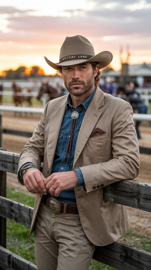 A cinematic portrait photograph of a ruggedly handsome man, exuding Southern charm and Western flair. He leans casually against a weathered wooden fence at the racetrack, dressed in a light tan suit layered over a denim shirt, accentuated by a silver bolo tie, brown cowboy boots, and a wide-brimmed hat, with the words "Victory Lane" subtly etched on his hatband. The setting sun casts a warm, golden glow across the scene, painting the sky in hues of orange and purple, while a blurred background reveals the excitement of the racetrack with horses and spectators in the distance. Soft, diffused lighting highlights the man’s weathered face and confident gaze, creating a timeless and evocative image.