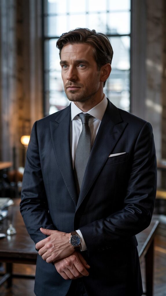 A sophisticated man in his 30s stands confidently in a high-end boutique or urban rooftop setting, wearing a perfectly tailored navy suit. The suit jacket drapes flawlessly over his shoulders, paired with a crisp white dress shirt and a slim silk tie in a muted tone. His polished leather oxfords and a subtle silver watch complete the refined look. The background is softly blurred with warm lighting, emphasizing texture and craftsmanship. His posture exudes authority and elegance, making this the epitome of timeless menswear