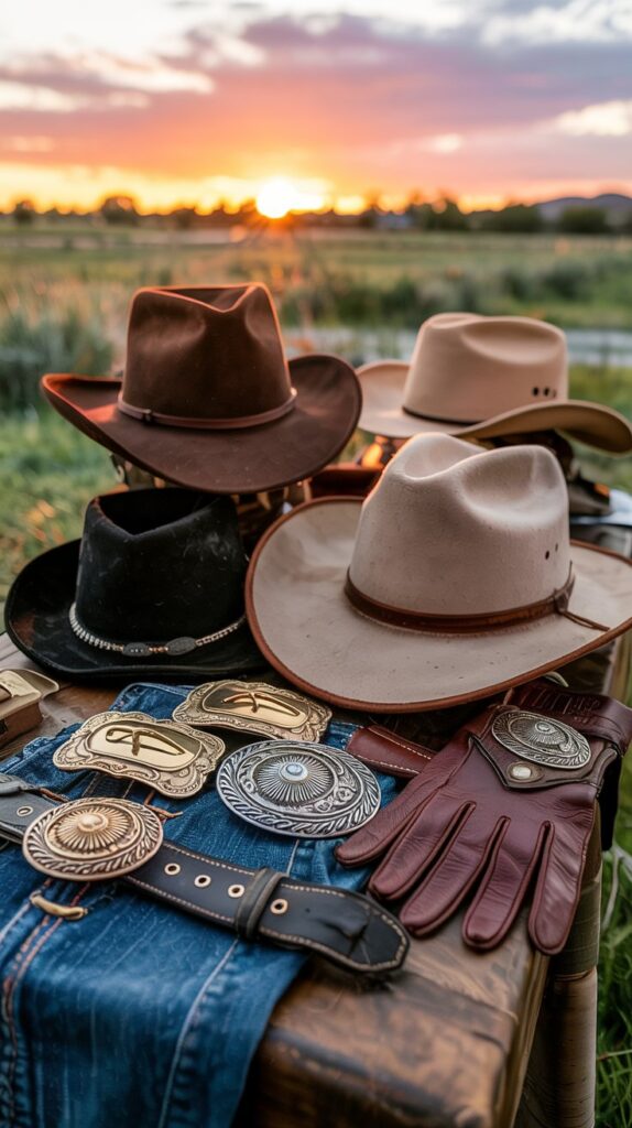 A stylish setup of cowboy accessories, including a selection of different cowboy hats, leather gloves, and statement belt buckles. The image should capture the essence of western style with a backdrop of a sunset over open fields, giving a warm glow to the accessories and showcasing their details, such as intricate designs and textures.