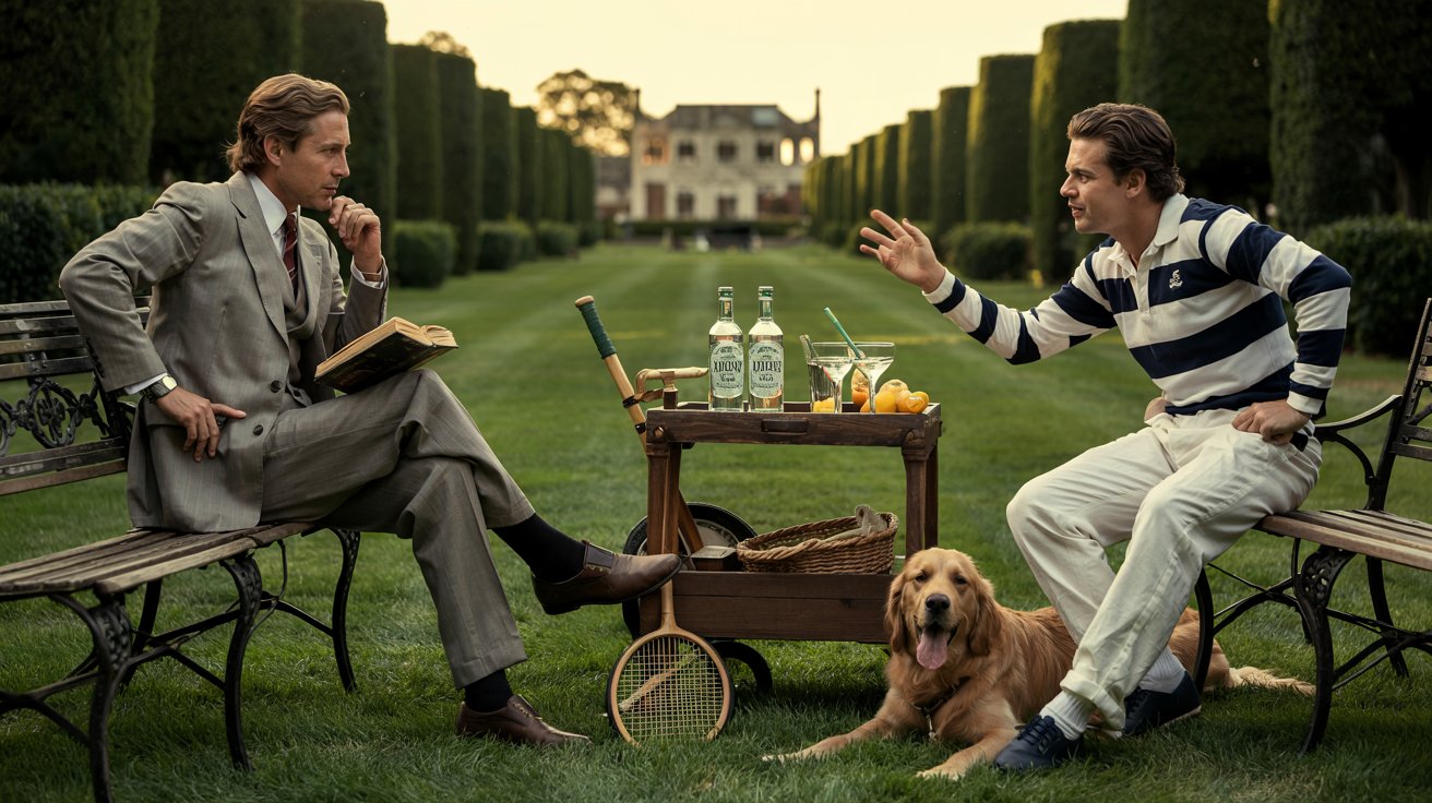 Two stylish men in their 30s stand on the manicured lawn of an exclusive country club at sunset. On the left, an Old Money-style gentleman wears a light gray linen suit with a pale blue dress shirt (unbuttoned at the collar), dark brown suede loafers, and tortoiseshell sunglasses. He leans against a wrought-iron bench, holding a leather-bound book, exuding quiet confidence. On the right, a Preppy-style man grins in a navy-and-white striped rugby shirt, white chino shorts, a red canvas belt, and worn leather boat shoes. His faded yacht club cap and aviator sunglasses complement his playful pose—one foot on a croquet mallet as he gestures toward the historic white-columned clubhouse. Shared details include a vintage bar cart with gin & tonics, a wooden tennis racket, and a golden retriever lounging nearby. Golden-hour light enhances the scene’s luxurious yet relaxed atmosphere.