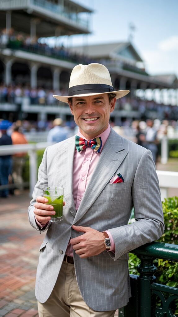 A classic portrait photograph of a distinguished gentleman elegantly posed at Churchill Downs on a bright, sunny day. He is impeccably dressed in a light gray seersucker suit paired with a pastel pink dress shirt and a playfully striped bow tie, completing the look with crisp white leather loafers and a classic Panama hat. In his hand, he holds a refreshing "mint julep", the condensation glistening under the warm sunlight, while the iconic racetrack and grandstands blur softly in the background. The scene exudes timeless sophistication, capturing a moment of refined leisure and equestrian charm.