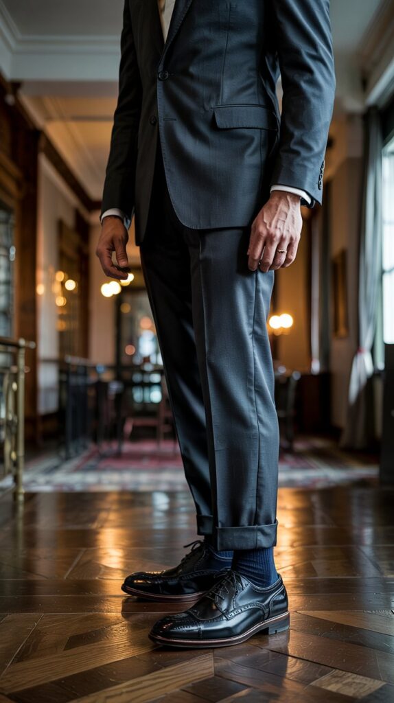 Classy Outfits for Men: Dressing for Success and Commanding Respect A sharply dressed man in a tailored charcoal suit stands confidently on a polished hardwood floor, his posture exuding quiet authority. The camera focuses on his footwear—a pair of gleaming black Oxfords with meticulous broguing, their high-shine finish reflecting ambient light. One foot is slightly raised as if caught mid-stride, emphasizing the shoe's elegant silhouette and fine leather quality. The suit's perfectly cuffed trousers break just above the shoe, showcasing a glimpse of premium dark socks. Soft, diffused lighting highlights the rich textures of both the suit fabric and leather shoes, while a blurred background suggests an upscale office or luxury hotel lobby