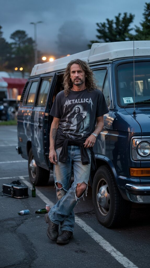 A long-haired guy in a vintage Metallica tee stands near a tour van, an oversized black flannel tied around his waist. His light-wash ripped jeans and heavy steel-toe boots scream ‘road-worn grunge.’ A studded belt and fingerless gloves add a metal edge. The setting is a parking lot at dusk, with a hint of fog for drama