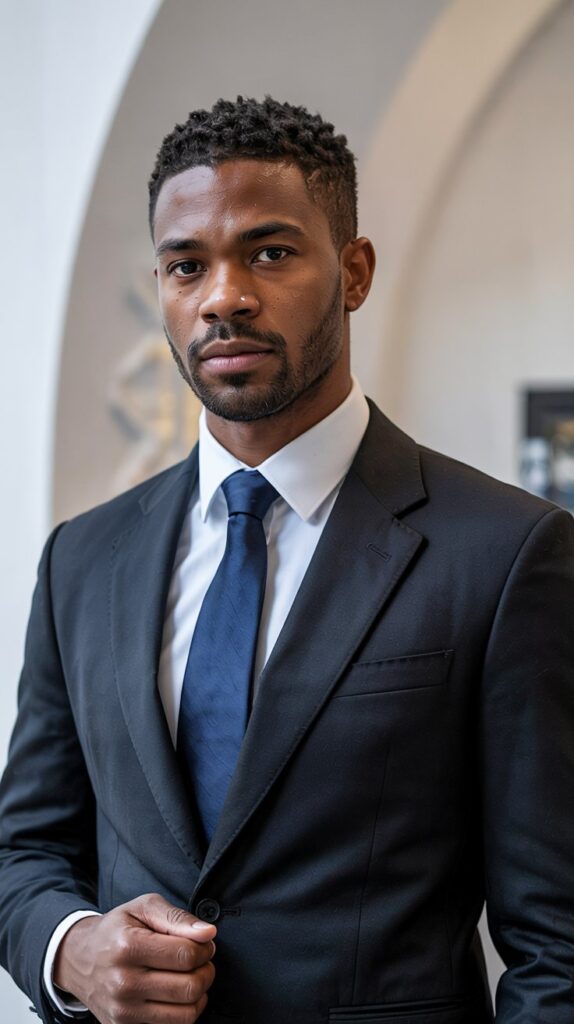 A photo of a black man wearing a tailored suit. He has short, dark hair and is wearing a white shirt and a dark blue tie. He is standing against a white background. The lighting is soft.