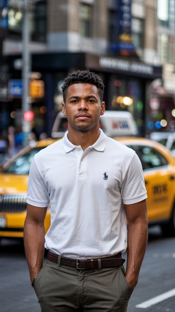 A photo of a black man wearing a white polo shirt with olive chino pants. He has short curly hair and is standing in a city street. The background contains a yellow cab and a few buildings. The lighting is bright.